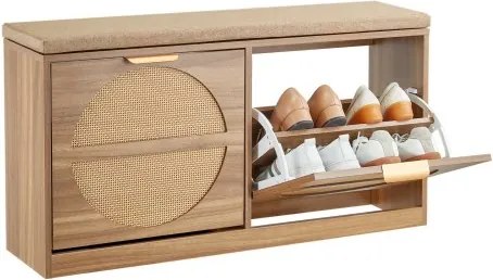 VEVOR schoenenbank met 2 neerklapbare deuren, draagvermogen 200 kg, schoenenkast, schoenenopbergmeubel, 980x240x515 mm, voor hal, woonkamer, slaapkamer, MDF schoenenkast met 2 opklapbare lades, gewatteerd zitkussen, rotanlook, natuurlijke houtkleur