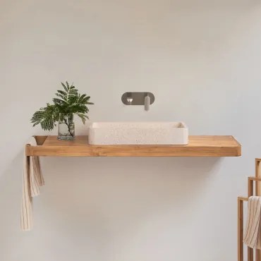 Conjunto Van Meubel 130x45 Cm Hangend In Teakhout Neill Teakhout & Rechthoekig Wit Cement 60x30 Cm Ronald & Spiegelloze & Geborsteld Grijs Ingebed -