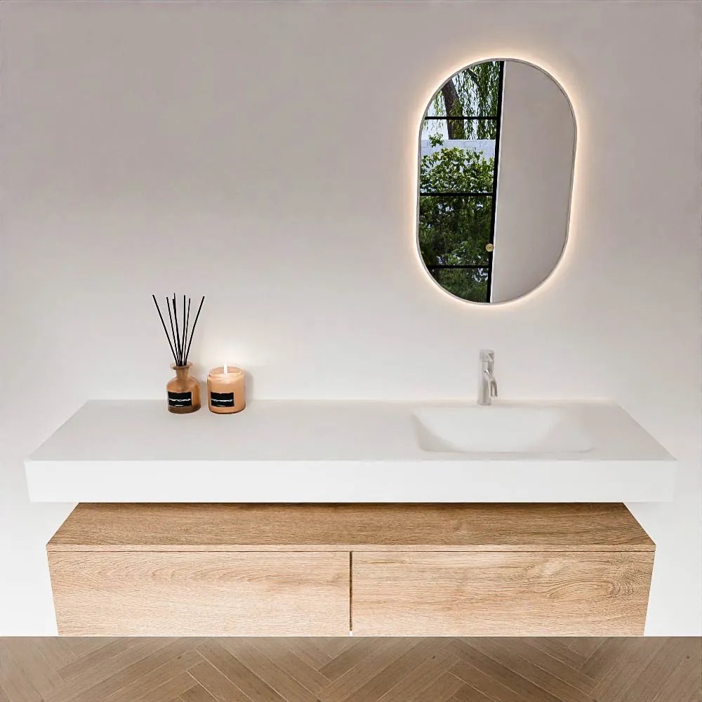 Zaro Alan badmeubel 170cm washed oak 2 lades met vrijhangende wastafel cloud rechts 1 kraangat talc
