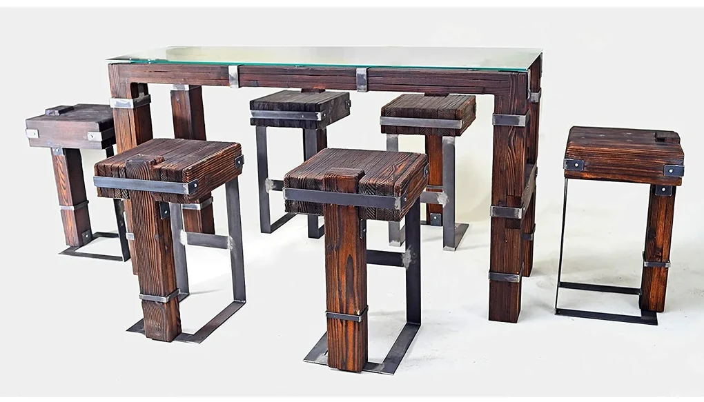 CHYRKA® Eettafel woonkamer tafel DROHOBYCZ kruk loft vintage bar industrieel design handgemaakt hout glas metaal