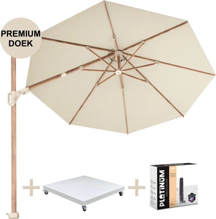 Challenger T2 premium Ø350 cm teak champagne met zandkleur 90 KG voet en hoes