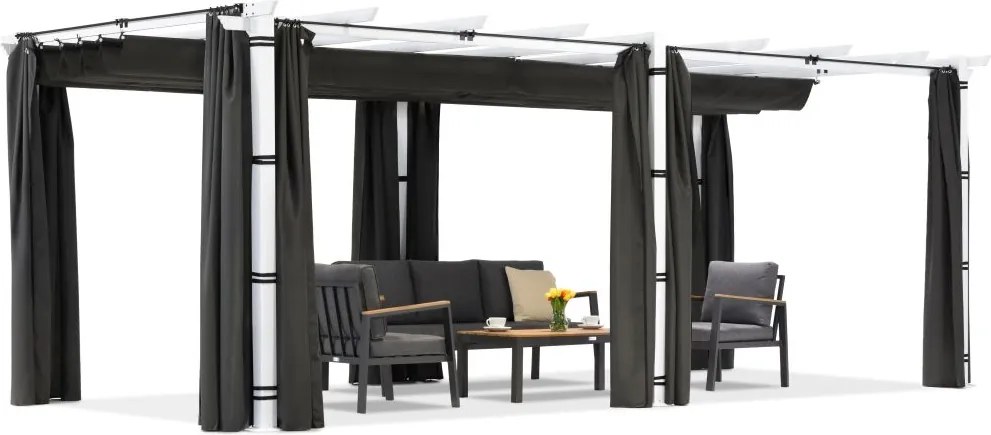 Barbados terraspergola 3x6 m met Garden Point gordijnen wit en antraciet