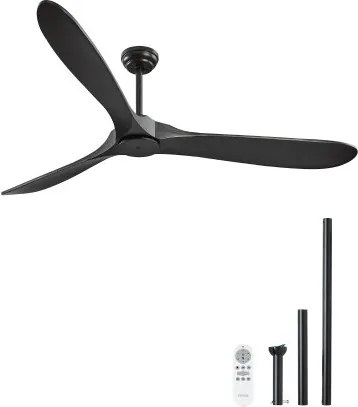 VEVOR 180 cm plafondventilator zonder licht, 6-snelheden afstandsbediening, 3 houten bladen, omkeerbare DC-motor, buitenventilator voor slaapkamer, woonkamer, terras, binnen/buiten, zwart