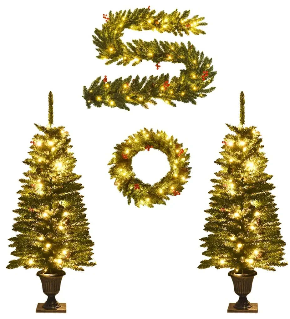 vidaXL Kunstkerstbomen 2 st met krans, guirlande en LED's