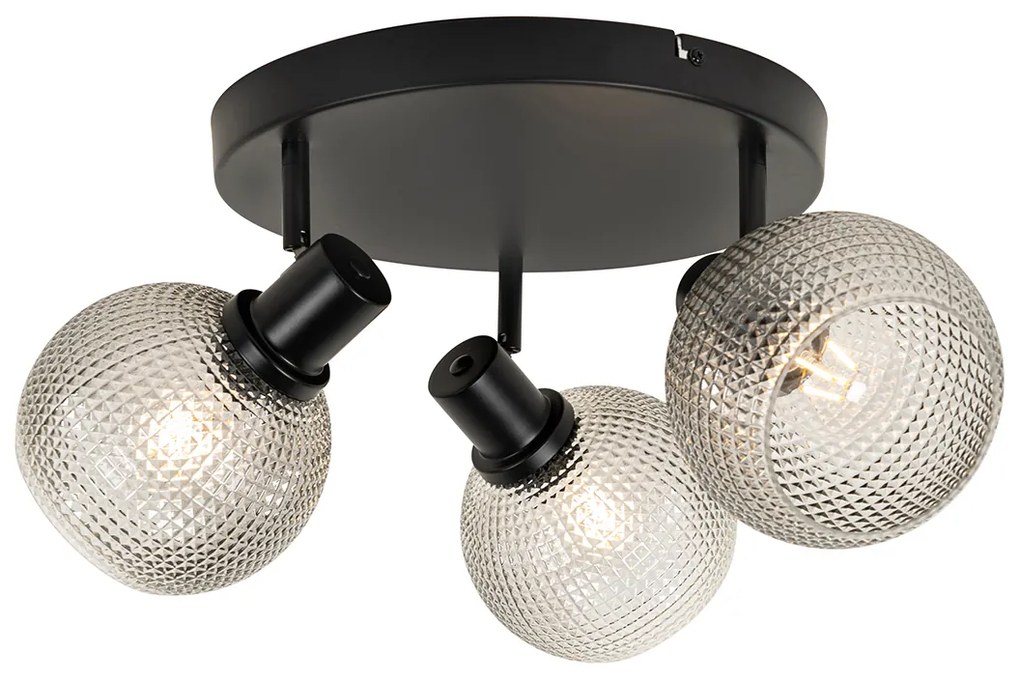 Design spot zwart met smoke glas 3-lichts rond - Chico