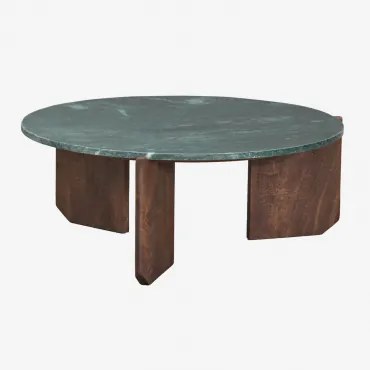 Ronde Salontafel Van Natuursteen En Mangohout Lavinia Donker Handvat Hout & Ø85 Cm & Groen Marmer Udaipur - Sklum