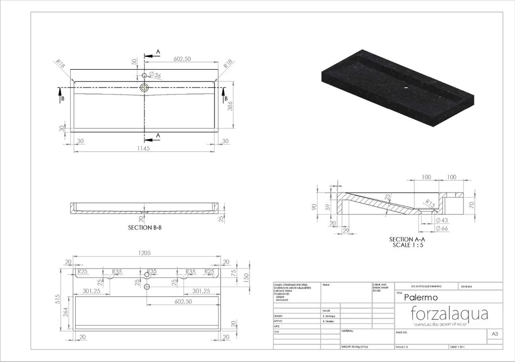 Forzalaqua Palermo wastafel 120x50cm met kraangat carrara gekapt