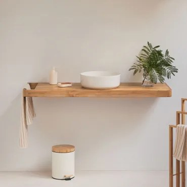 Conjunto Van Meubel 130x45 Cm Hangend In Teakhout Neill Teakhout & Rond Keramiek Wit Ø40 Cm Lenka & Spiegelloze & Zonder Kraan & Zonder Sifon - Sklum