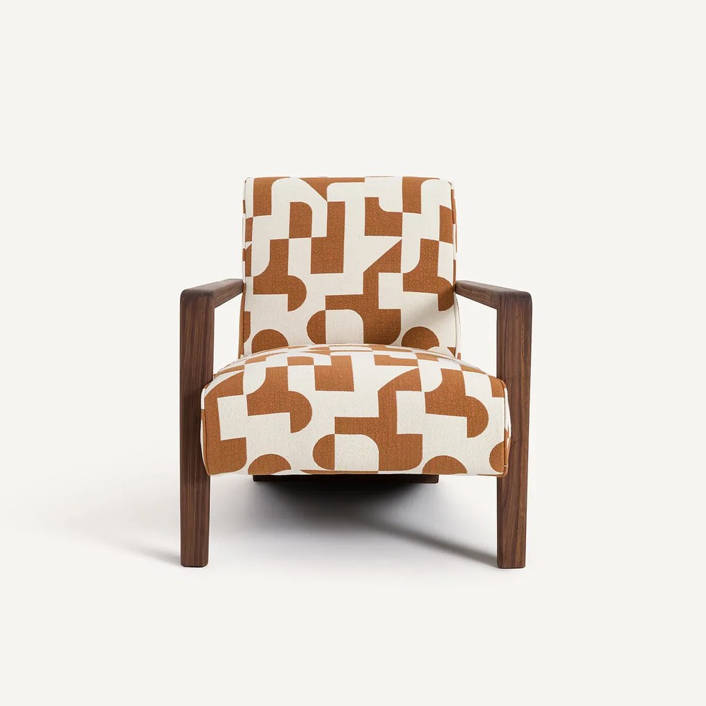 Fauteuil van massief notenhout, jacquard stof, Sanami