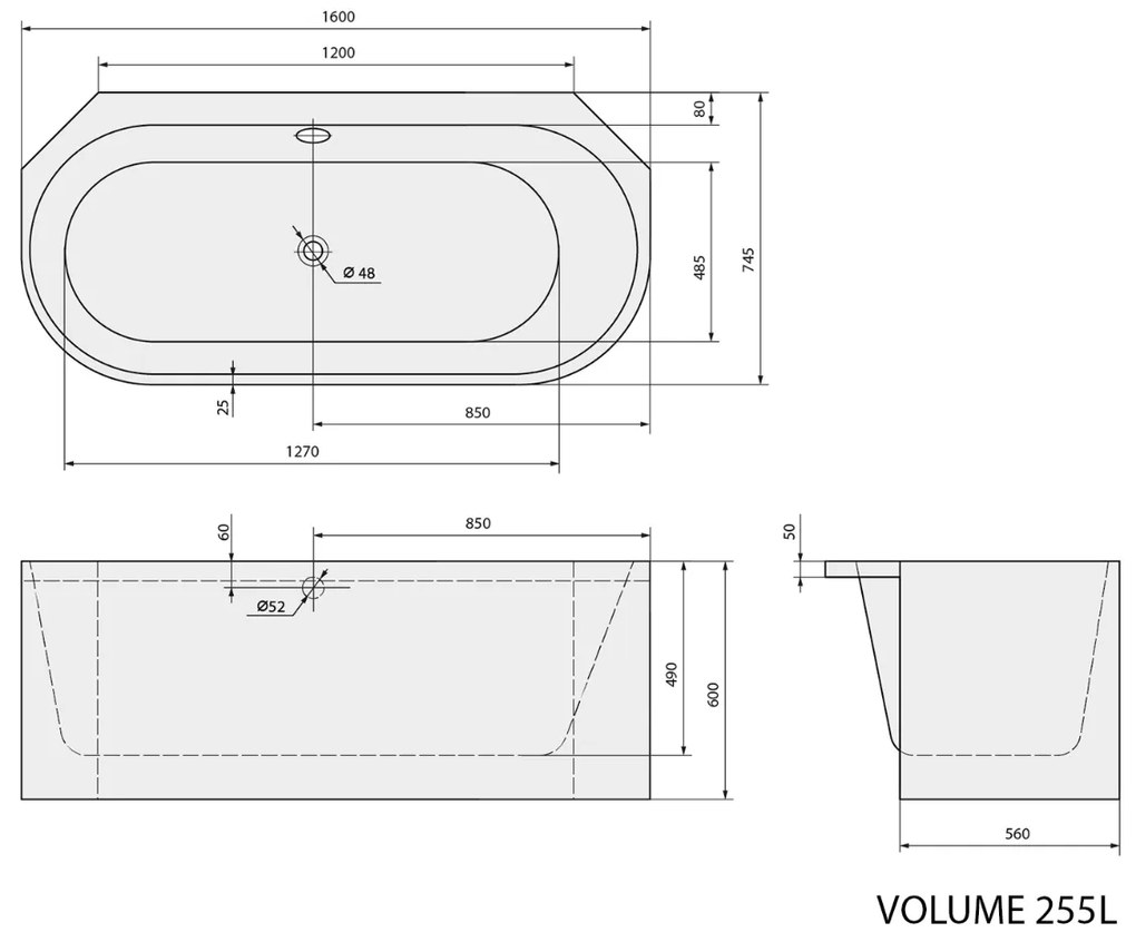 Polysan Astra Monolith hoekbad wit 160x75x60cm rechts