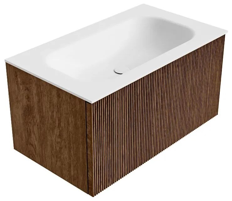 Mondiaz Kurve 80cm badmeubel walnut met 1 lade en wastafel big small midden 1 kraangat