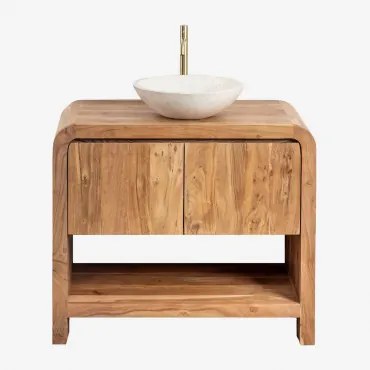 Vacry Houten Badkamermeubelset Acacia Bruin & Rond Cement Wit Ø40 Cm Zavion & Spiegelloze & Geborsteld Goud ↑30 Cm Met Aftapkraan Zonder Overloop Orve