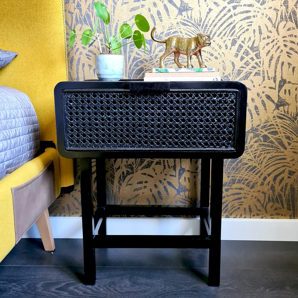 Nachtkastje Zwart Rotan - 50x30x60cm.