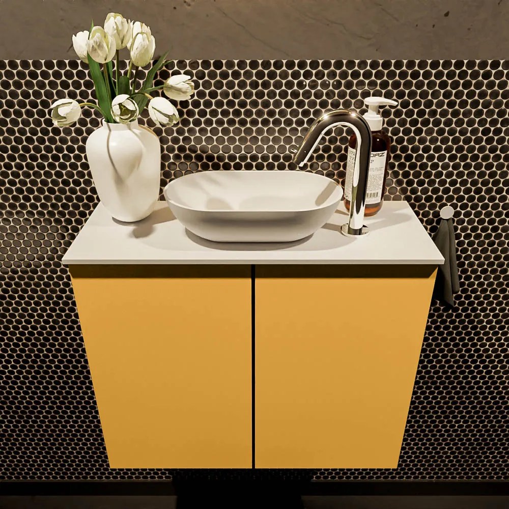 Mondiaz Fowy toiletmeubel 60cm ocher met witte waskom midden en kraangat