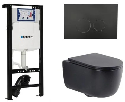 QeramiQ Dely Swirl Toiletset - 36.3x51.7cm - Inbouwreservoir met Geberit UP320 spoelmechanisme - slim zitting - mat zwarte bedieningsplaat - ronde knoppen - mat zwart SW1381697/SW706188/SW1000768/SW1026258