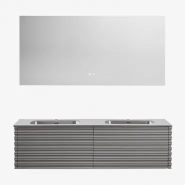 Conjunto Vaniteit Hangend 160x50 Cm In Hout Met Geïntegreerde Waskommen Noura Zonder Kraan & Rectangular Led And Antifog 160x75 Cm Riben & Grijs – Nik