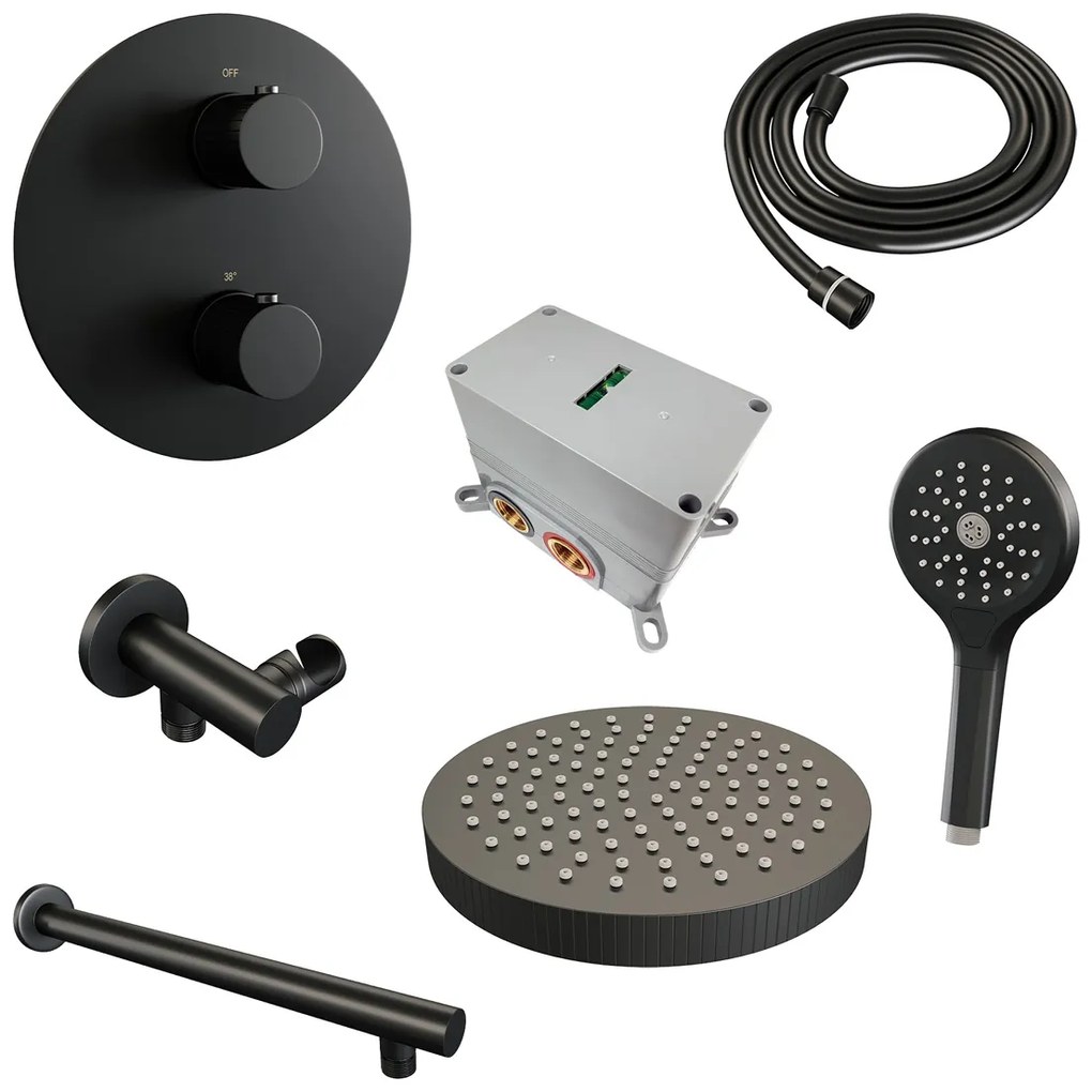 Brauer Stripe inbouw regendouche rond met 25cm hoofddouche, rechte muurarm en 3 standen handdouche set 40 zwart mat