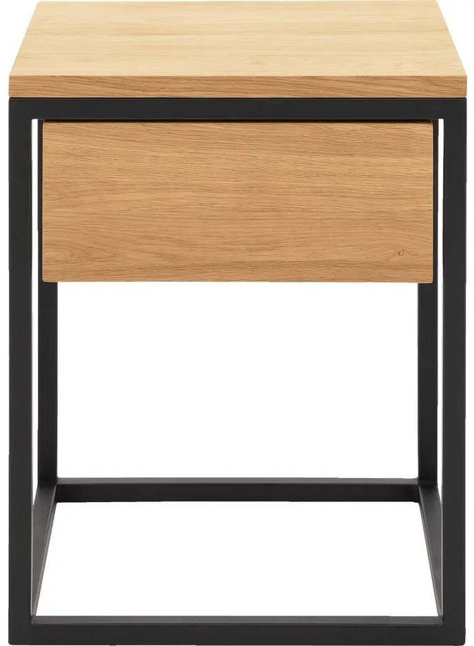 Goossens Nachtkastje Ord, Metaal ral 9005 zwart, met lade en bovenblad massief eik, 40 x 35 x 57 cm hoog