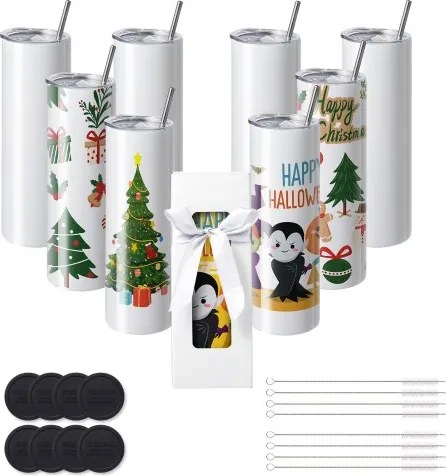 VEVOR 8-pack rechte sublimatiebekers, 32 oz lege bekers, roestvrijstalen bekers met dubbele wand, rietje, deksel, borstel, bodem, krimpfolie, geschenkdoos, voor hittepers en hitteoverdracht