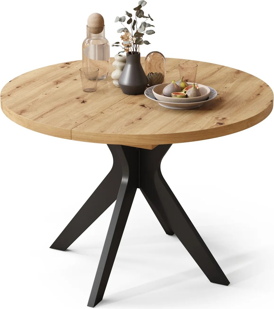 RENZO Artisan Eiken/zwarte poot - RONDE TAFEL Ø110 UITKLAPBAAR TOT 180 cm | VOOR DE KEUKEN EETKAMER WOONKAMER RETRO