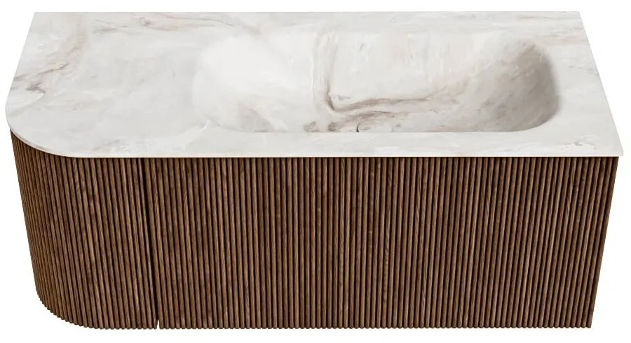 Mondiaz Kurve-dlux 105cm badmeubel ronding links walnut met 1 lade en deur en wastafel big small rechts zonder kraangat frappe