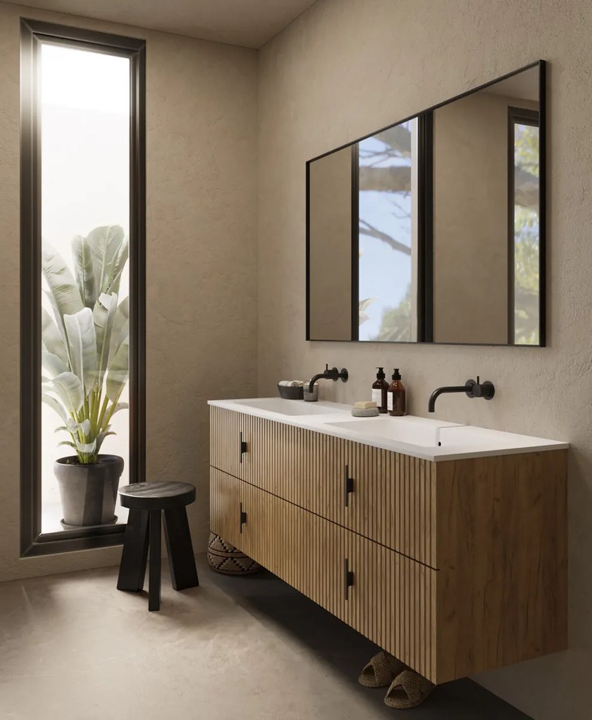 Muebles Avila badmeubel ribbelfront 160cm warm eiken met dubbele wastafel zonder kraangaten