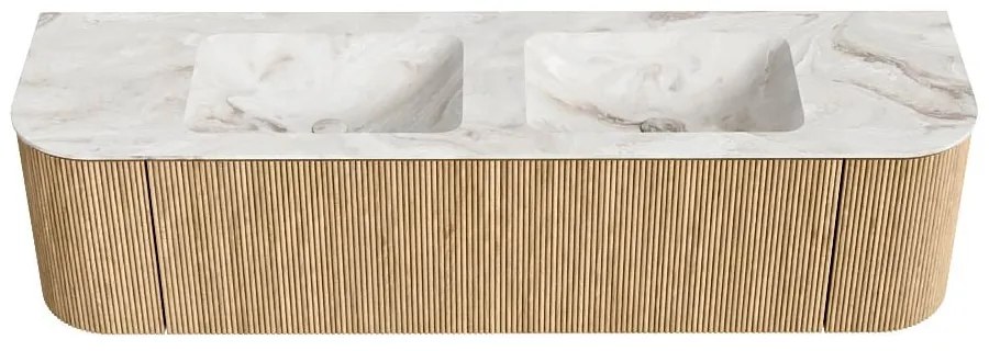 Mondiaz Kurve-dlux 170cm badmeubel ronding links/rechts oak met 1 lade en 2 deuren en wastafel leaf dubbel 2 kraangaten frappe