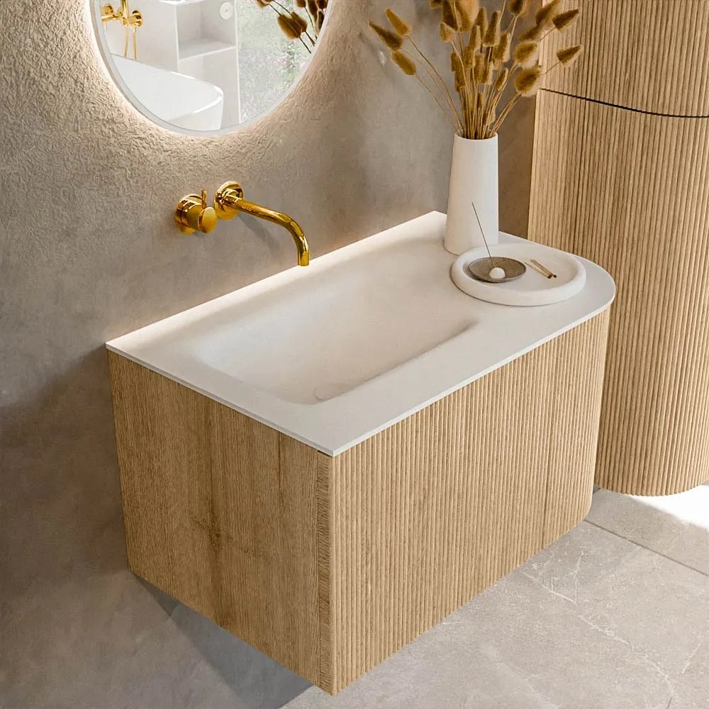 Mondiaz Kurve 75cm badmeubel ronding rechts oak met 1 lade en deur en wastafel grunne links zonder kraangat