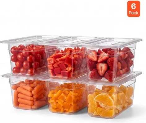 VEVOR GN 1/3 containers, 15 cm diep, set van 6, voedselcontainers met deksels, PC voor restaurants, buffetten en saladebars, 327 x 178 x 154 mm, -40 tot 100 °C, vaatwasmachinebestendig, stapelbaar, schaalverdeling