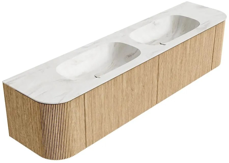 Mondiaz Kurve-dlux 190cm badmeubel ronding links/rechts oak met 2 lades en deuren en wastafel stor small dubbel zonder kraangat ostra
