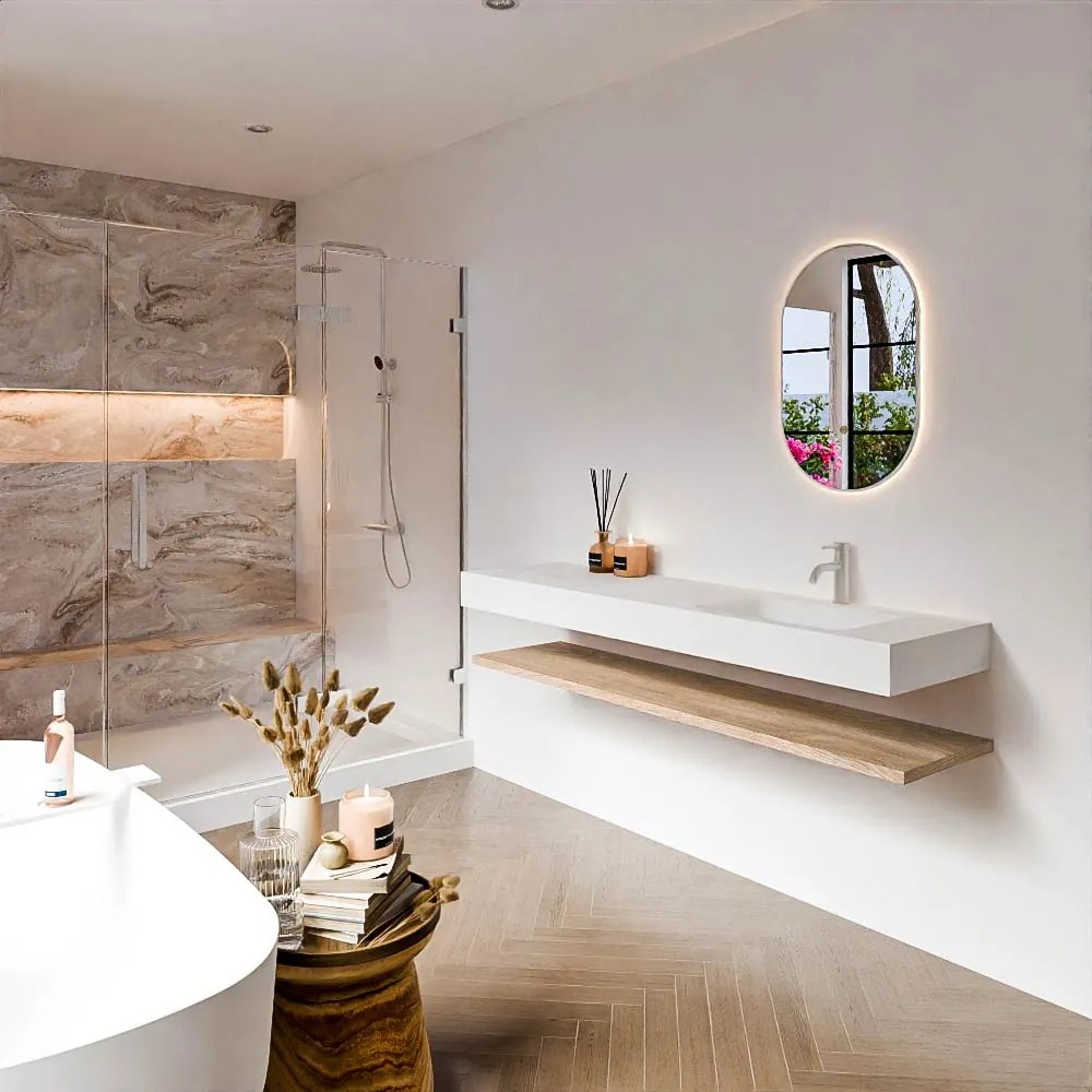 Zaro Alan badmeubel 170cm met planchet washed oak en vrijhangende wastafel cloud rechts 1 kraangat talc