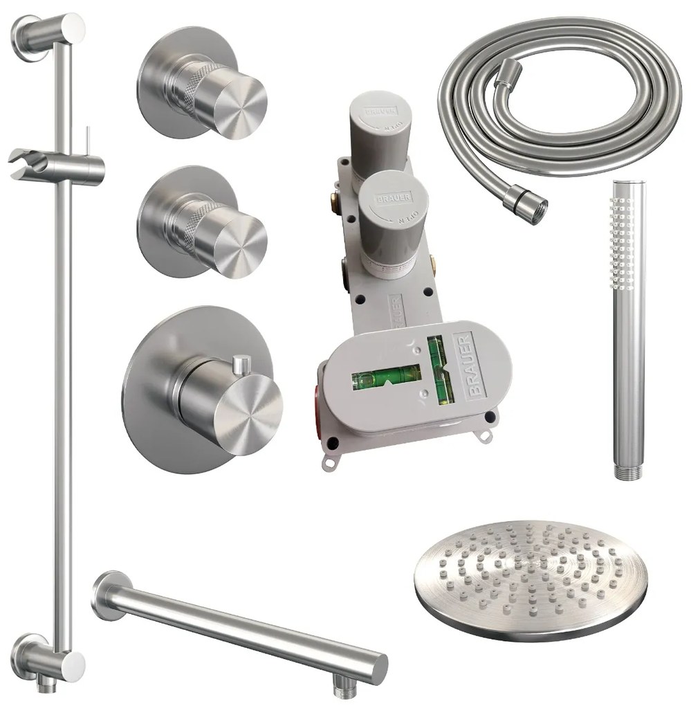 Brauer Brushed Edition complete inbouw regendouche met staafhanddouche, rechte wandarm, glijstang en hoofddouche 20cm set 13 RVS geborsteld PVD