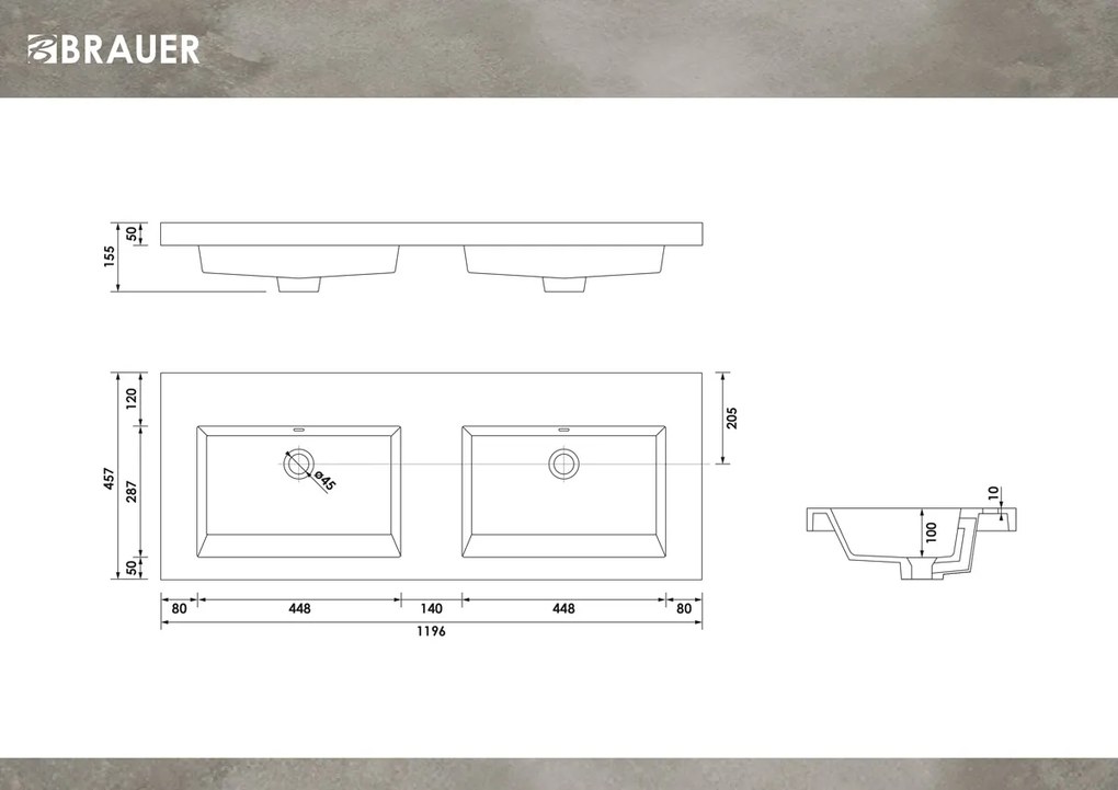 Brauer Solar Medium dubbele wastafel mineraalmarmer 120cm zonder kraangaten wit mat