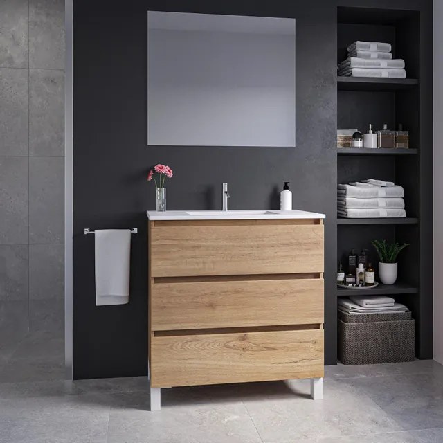Adema Chaci PLUS Badkamermeubelset - 80x86x46cm - 1 rechthoekige keramische wasbak wit - 1 kraangat - 3 lades - rechthoekige spiegel - eiken SW1212796/SW804531/SW724611