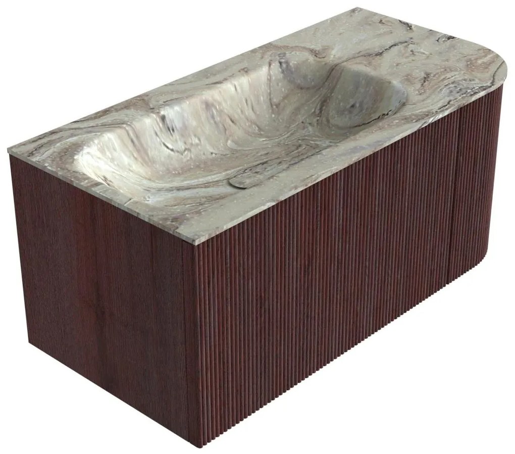 Mondiaz Kurve-dlux 95cm badmeubel ronding rechts ruby met 1 lade en deur en wastafel big small links zonder kraangat glace