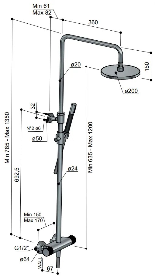 Hotbath Cobber X thermostatische opbouw doucheset met ronde handdouche en 30cm hoofddouche geborsteld nikkel