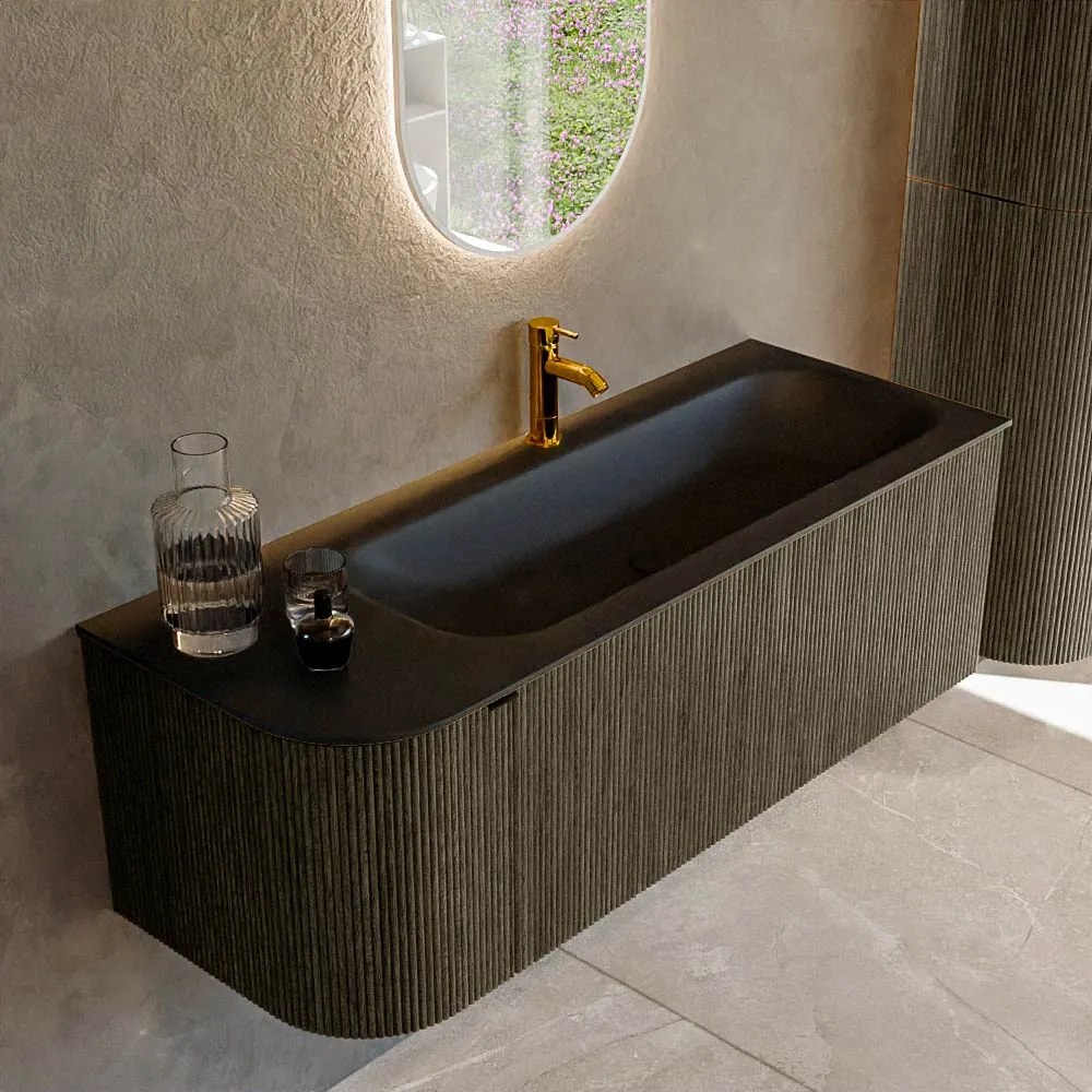 Mondiaz Kurve 125cm badmeubel ronding links shadow met 1 lade en deur en wastafel big medium kraangat rechts urban