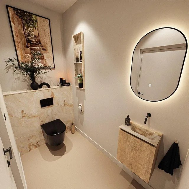 MONDIAZ TURE-DLUX 40cm toiletmeubel Washed Oak. EDEN wastafel Frappe positie rechts. Zonder kraangat. TUREDX40WASR0FRA