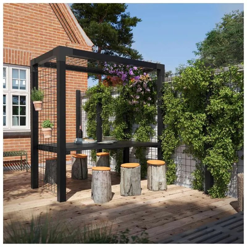 Pergola staal met gaaspanelen en houten tafel zwart | 198 x 108 x 208 cm
