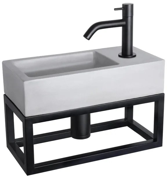 Differnz Ravo fonteinset - 38.5x18.5x25cm - Rechthoek - 1 kraangat - Gebogen matte zwarte kraan - met zwart frame - beton lichtgrijs 38.401.92