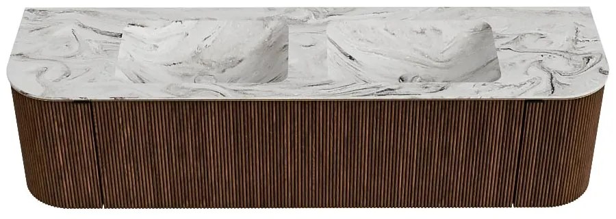 Mondiaz Kurve-dlux 170cm badmeubel ronding links/rechts walnut met 1 lade en 2 deuren en wastafel leaf dubbel zonder kraangat glace