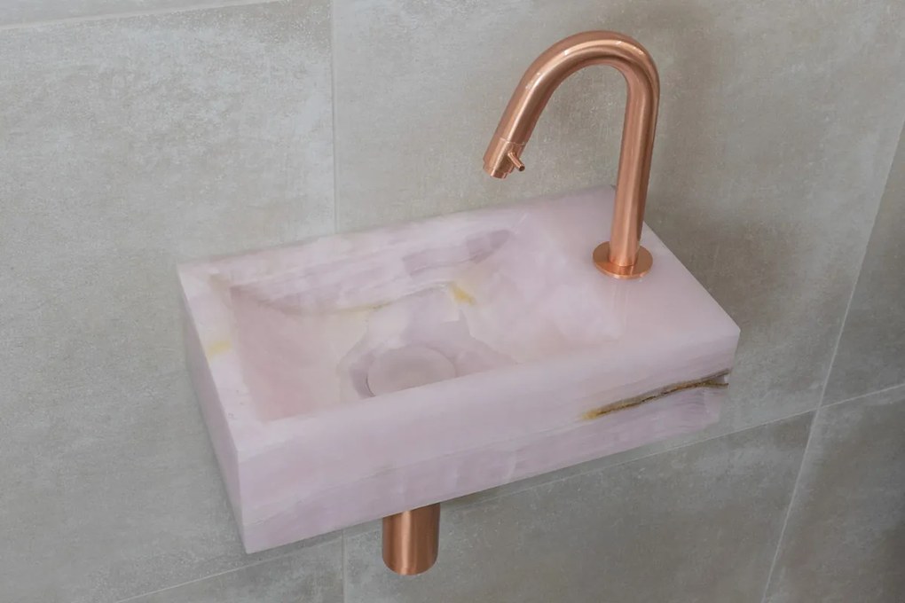 Saniclear Pink Onyx fonteinset met gebogen kraan in geborsteld koper