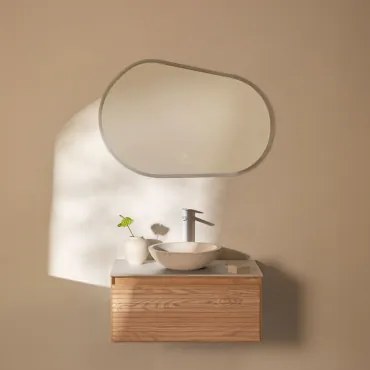 Tedrik Zwevend Badkamermeubelset 80x50 Cm In Essenhout Ash Brown & Rond Cement Wit Ø40 Cm Zavion & Ovaal Led En Anticondens 100x80 Cm Riben - Sklum