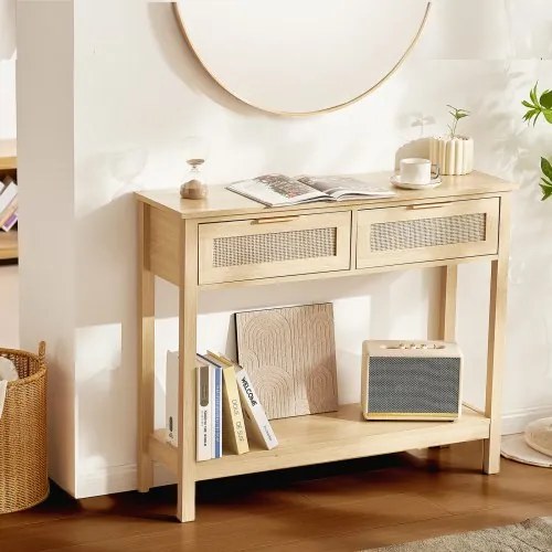 VEVOR rotan consoletafel met 2 lades, rotan haltafel met natuurlijke rotan schuifdeur, consoletafel voor woonkamer, studeerkamer, hal of tv-wand, natuurlijk