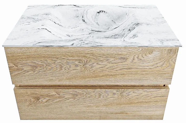 Mondiaz Vica DLux badmeubel 80cm washed oak 2 lades met wastafel glace midden zonder kraangat