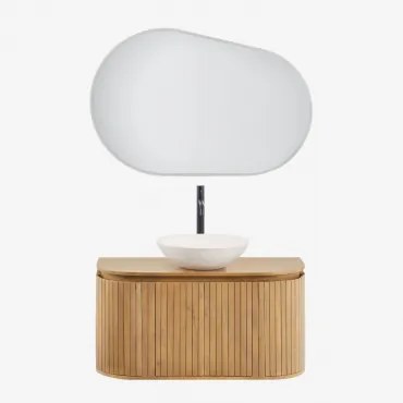 Mango Houten Badkamermeubelset Analis Natuurlijk Hout & Rond Cement Wit Ø40 Cm Zavion & Ovaal Led En Anticondens 100x80 Cm Riben & Zwart - Sklum