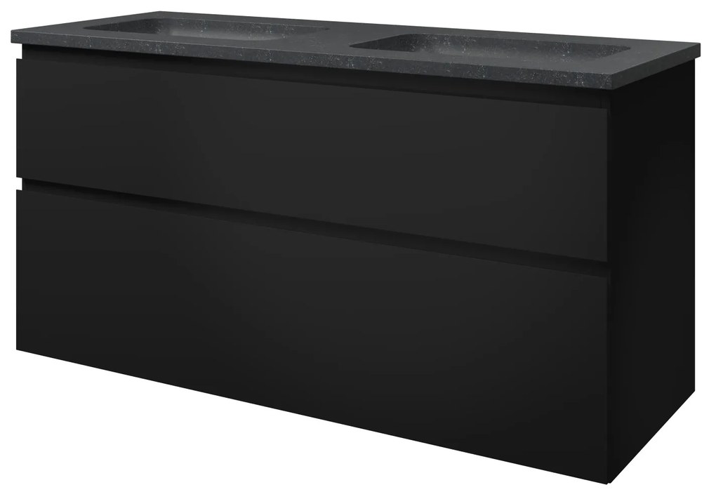Elegant badmeubel met hardsteen wastafel zonder kraangaten en onderkast a-symmetrisch - Mat zwart - 120x46cm (bxd)