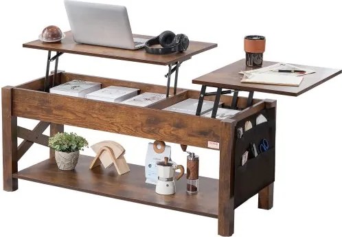 VEVOR salontafel met opklapbaar blad, rechthoekige salontafel van 120 cm met extra opbergvakken, opvouwbare salontafel voor de woonkamer, bruin