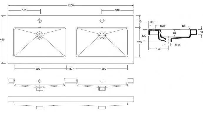 Mueller Double natuursteen wastafel 120x46cm 2 kraangaten