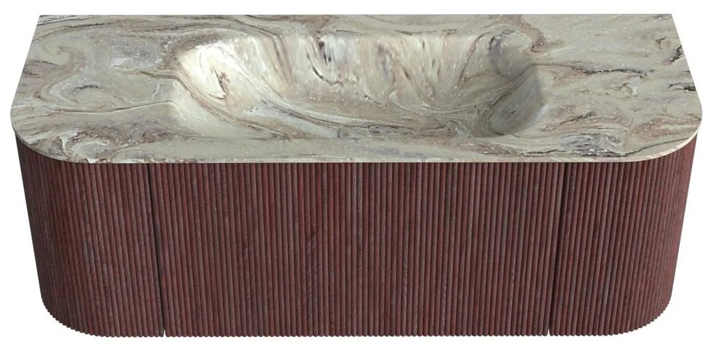 Mondiaz Kurve-dlux 120cm badmeubel ronding links/rechts ruby met 1 lade en 2 deuren en wastafel big small midden zonder kraangat glace